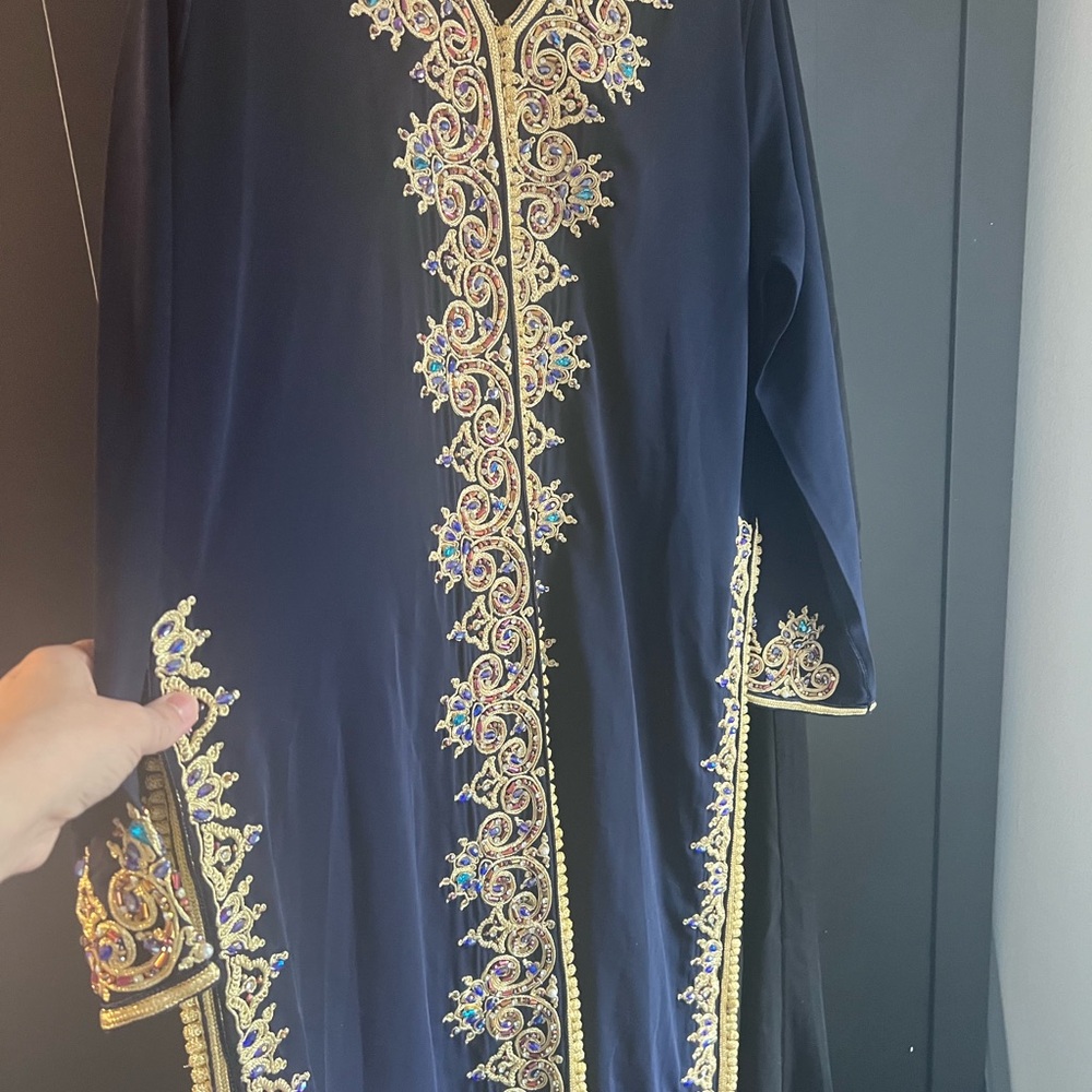 Navy Embroidered Open-Front Kaftan with Gold Accents size OS